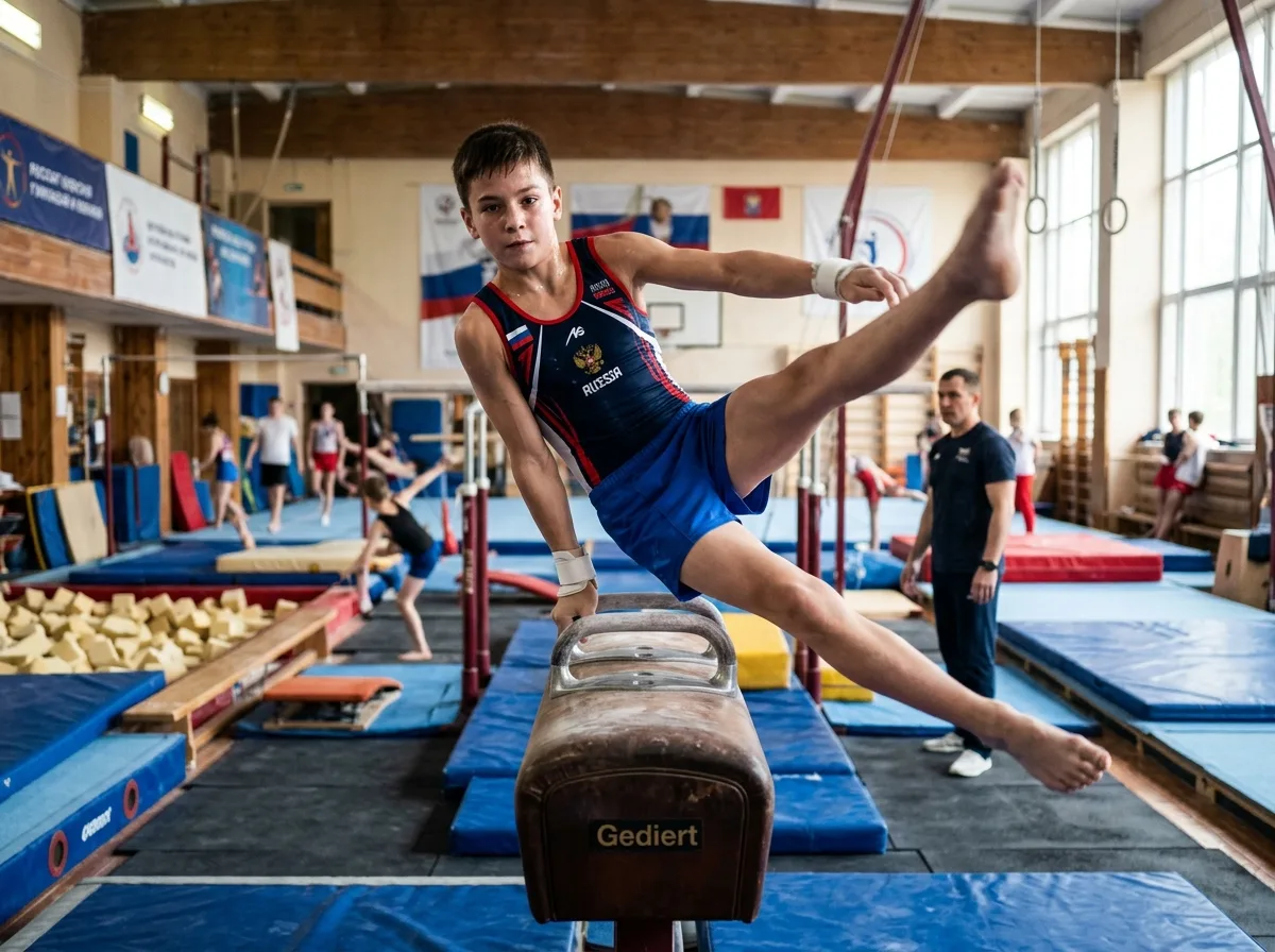 Юный спортсмен-гимнаст на тренировке в зале, синяя форма, высокая активность, уверенный взгляд