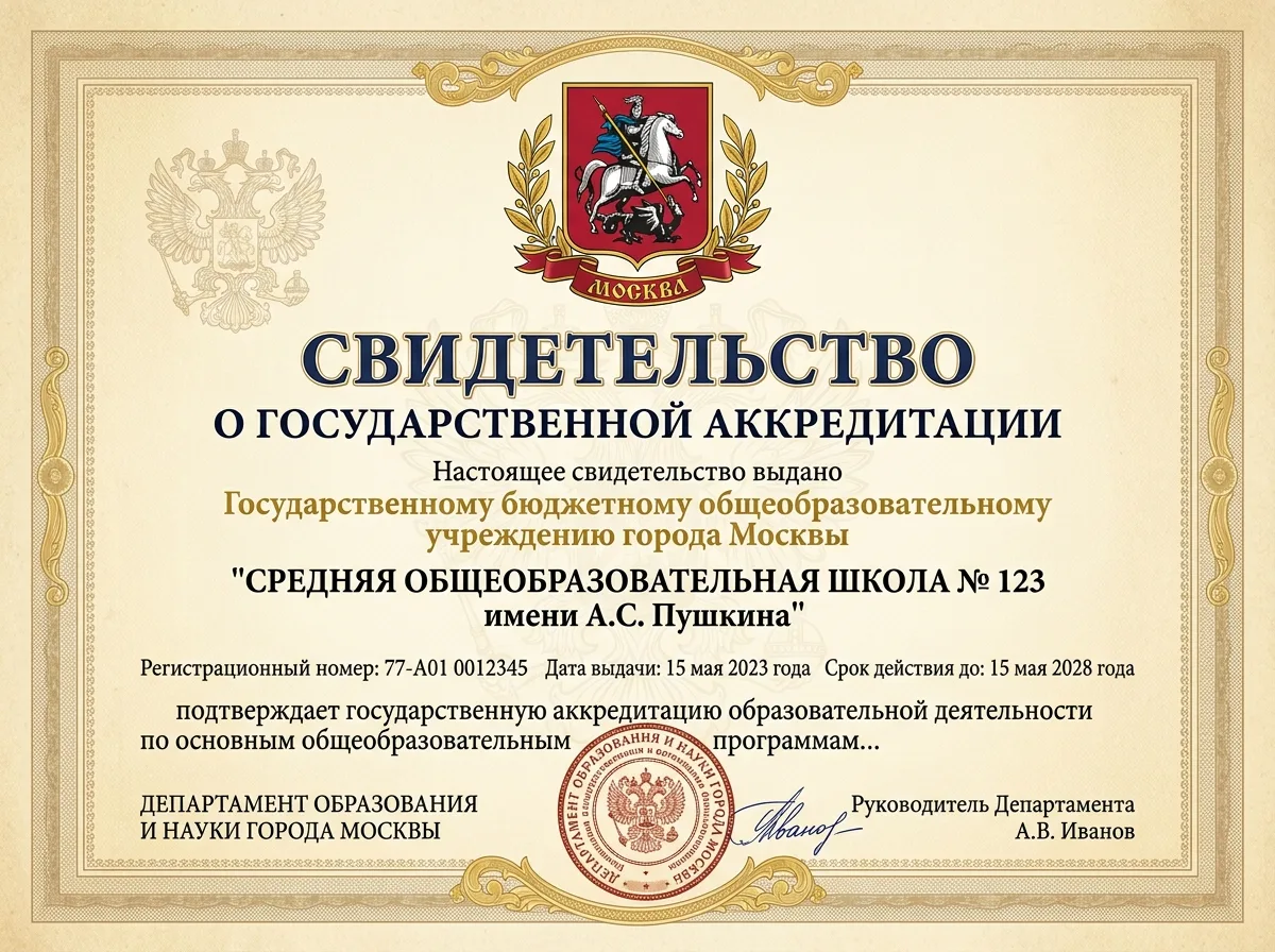 Свидетельство о государственной аккредитации московской образовательной организации — герб Москвы на бежевом фоне