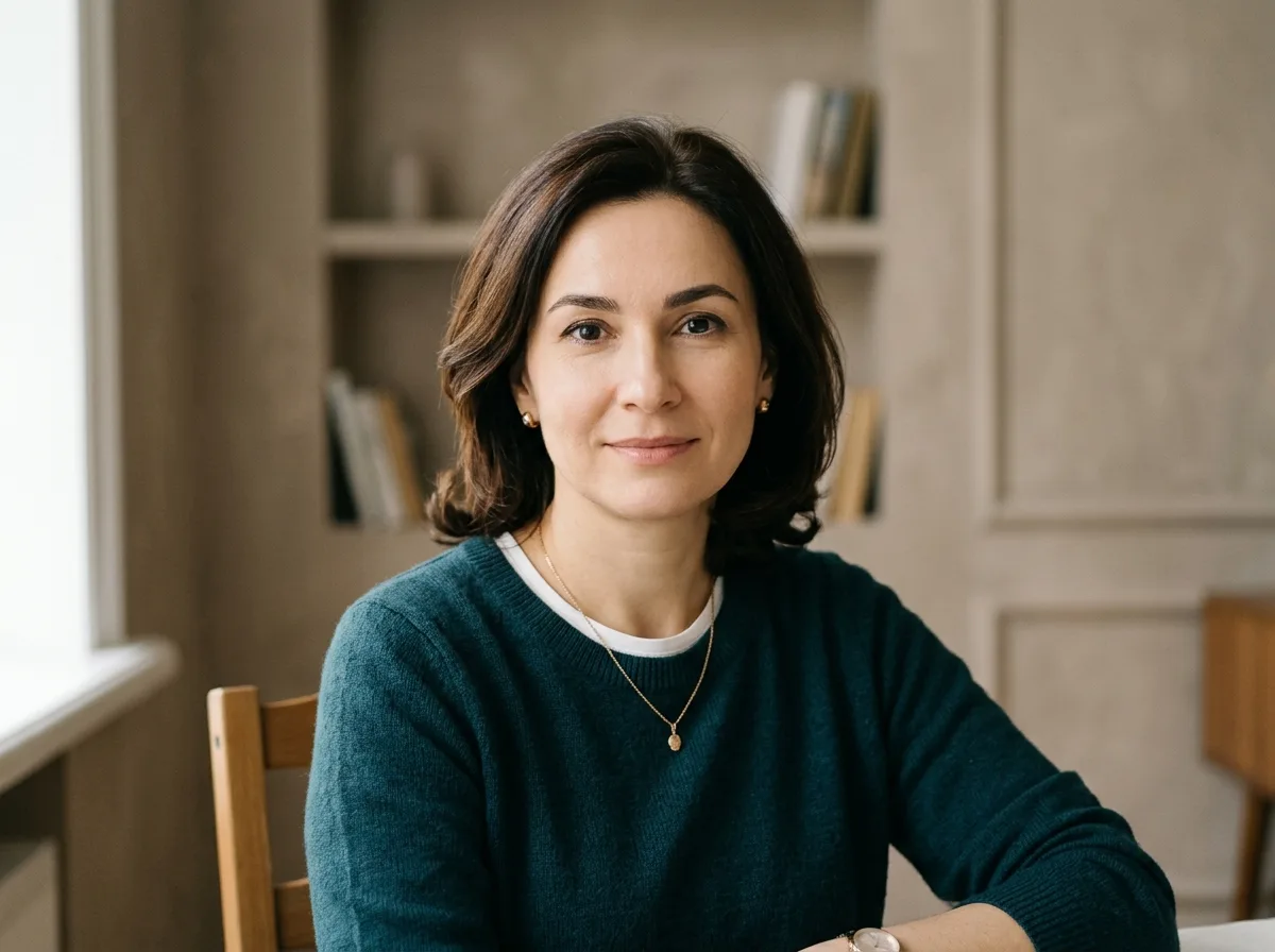 Аватар Марины Волковой — мамы ученицы 10 класса, портрет женщины средних лет, уверенный взгляд, нейтральный фон